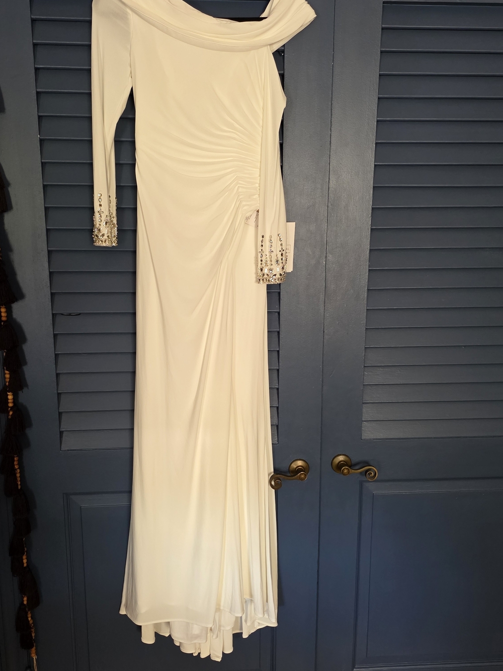 NWT Mac Duggal Beaded Cuff Drop Shoulder Faux Wrap Gown White